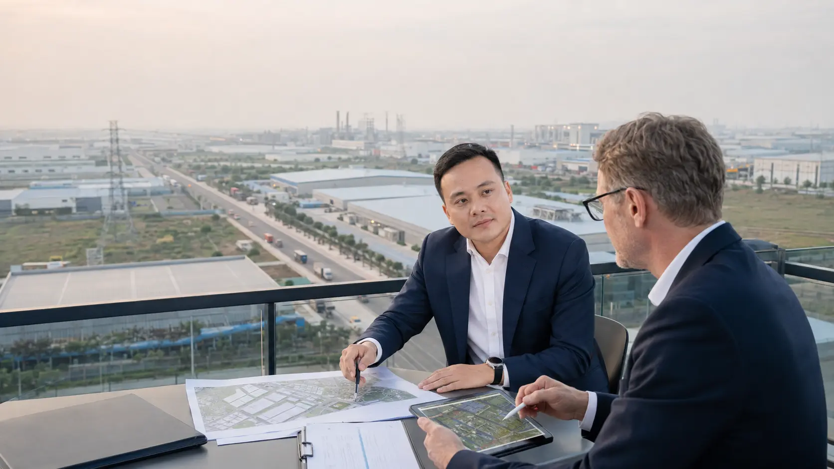 Nguyễn Cảnh Quyền cùng nhà đầu tư đánh giá bản đồ và mặt bằng khu công nghiệp